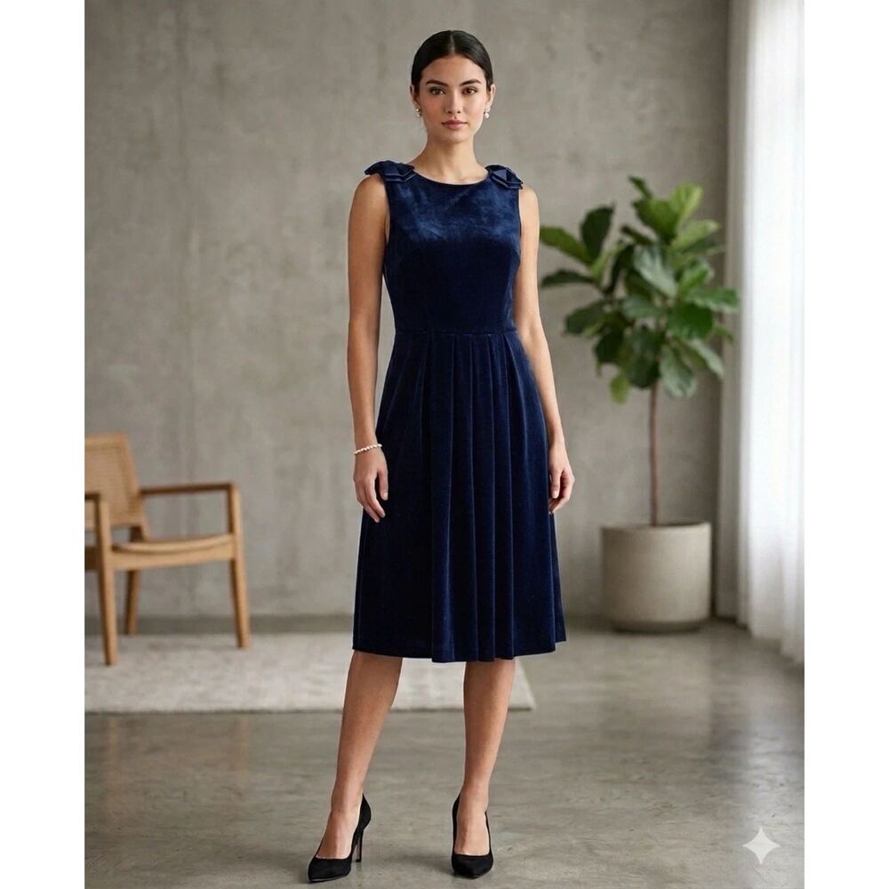 Allen Solly Dress Womens 14 Jumper Velvet Blue Bows Pleated Pockets Romantic New